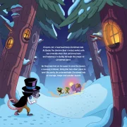 The back cover of 'Bucky the Unicorn Bear's' Christmas book, with a story summary and an illustration of Ricky Rat watching Bucky, Tappy, and Marty walk up a snowy path.