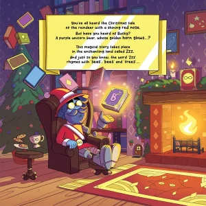 A magical illustration from 'Bucky the Unicorn Bear and The Elves of Christmas Eve' picture book, showing The Inventor in his cosy library as he magically floats Bucky's book by the fireplace.