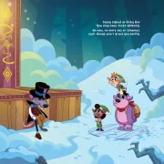 A hand drawn illustration from 'Bucky the Unicorn Bear and The Elves of Christmas Eve' children's picture book, showing Bucky, Tappy, and Marty standing up to the villain Ricky Rat in the snow.