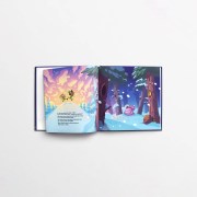 An open book spread from Bucky's Christmas story, showing the beautiful hand drawn art. One page shows Tappy and Marty, and the other shows Bucky sitting sadly alone in the snow.