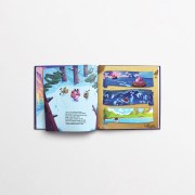 An open book mockup of Bucky's Christmas story. The left page shows Bucky, Tappy, and Marty talking. The right page shows Bucky's dangerous journey to the Land of Zzz.