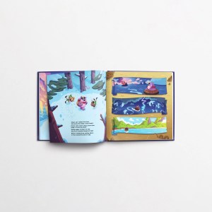 An open book mockup of Bucky's Christmas story. The left page shows Bucky, Tappy, and Marty talking. The right page shows Bucky's dangerous journey to the Land of Zzz.