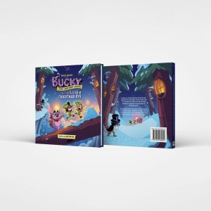 A 3D mockup of the 'Bucky the Unicorn Bear and The Elves of Christmas Eve' hardback Christmas picture book, showing the colourful, hand drawn front and back covers.