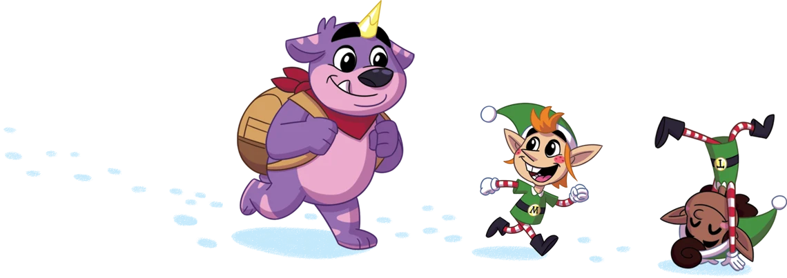 A joyful illustration of Bucky the Unicorn Bear and the two elves, Tappy and Marty, playing in the snow. Bucky is running and leaving footprints, Tappy runs excitedly beside him, and Marty does a playful cartwheel.
