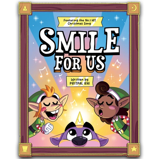 The official cover art for 'Smile For Us,' the No.1 Hit Christmas Song from Bucky the Unicorn Bear's book, showing the hand-drawn, happy faces of Bucky, Tappy, and Marty surrounded by magical music notes.