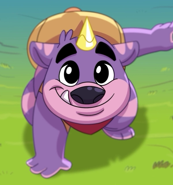 A hand drawn image of Bucky the Unicorn Bear, our brave and kind ten year old purple unicorn bear, smiling and crawling forward on a new adventure.