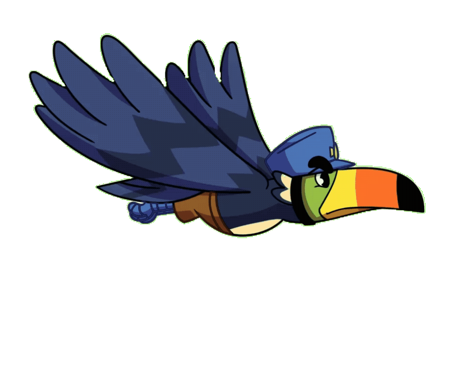 Terry The Toucan flying cycle; animated gif. Bucky The Unicorn Bear friend.